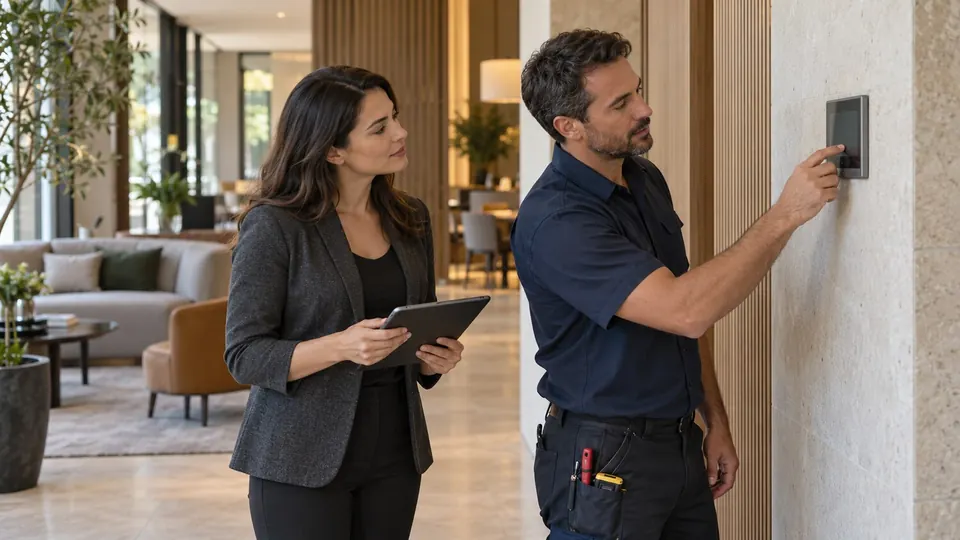 Hospitality manager and technician reviewing a climate-control panel