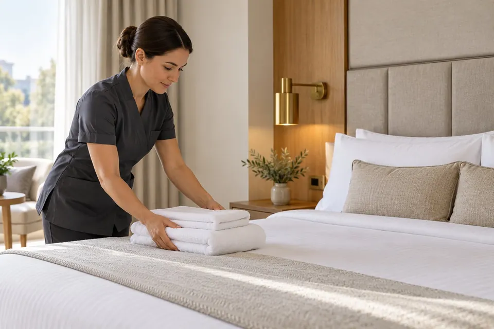 Housekeeper preparing white towels and linen in an aparthotel guest room