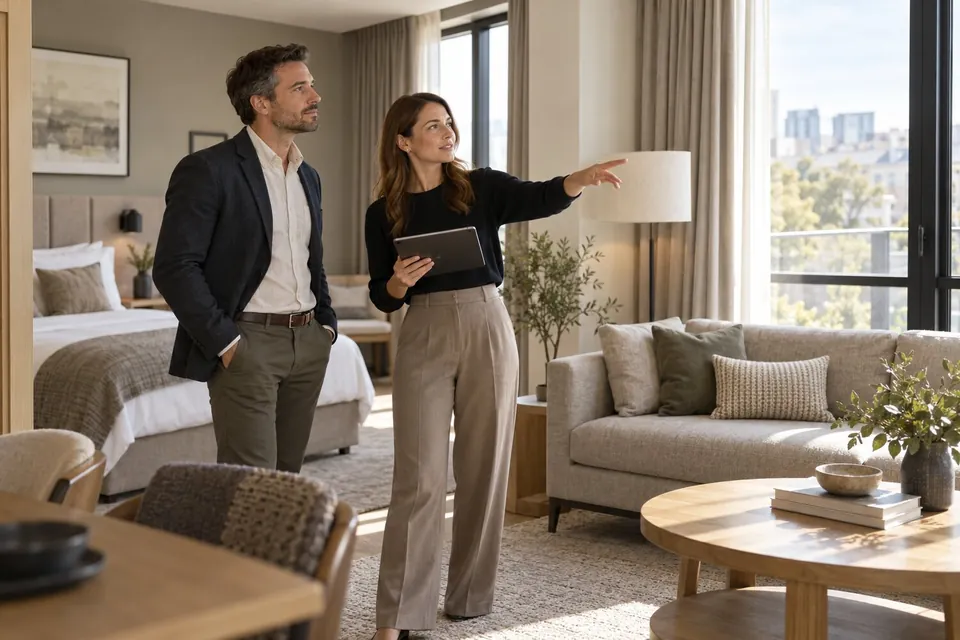 Property owner and hospitality manager reviewing a guest suite with a tablet