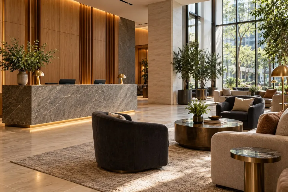 Contemporary aparthotel reception with a stone desk, oak panels and lounge seating