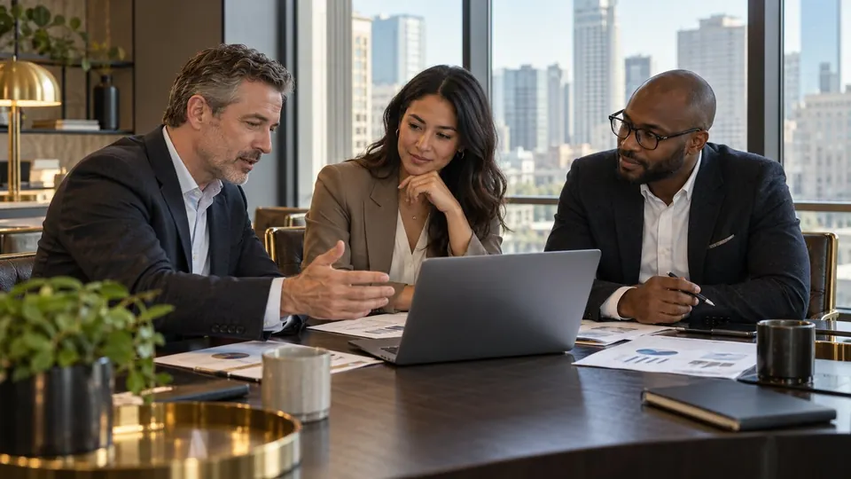 Property owner and management partners discussing operating reports at a meeting table